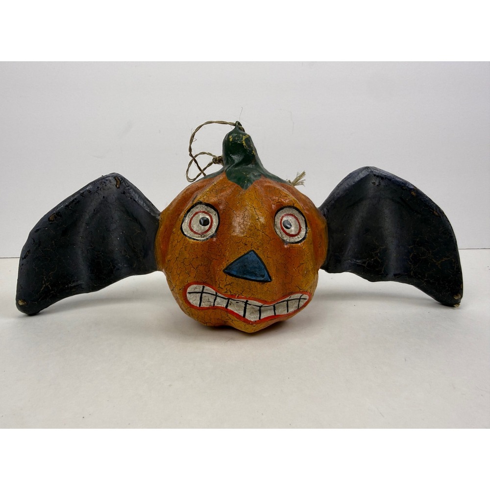 Vintage Bethany Lowe Paper Mache Pumpkin Bat Hanging Decoration Folk Art Spooky